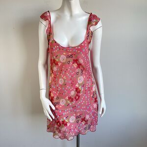 Natori Josie Pajama Slip Dress Floral Red Sheer Ruffles Women's Small V92825
